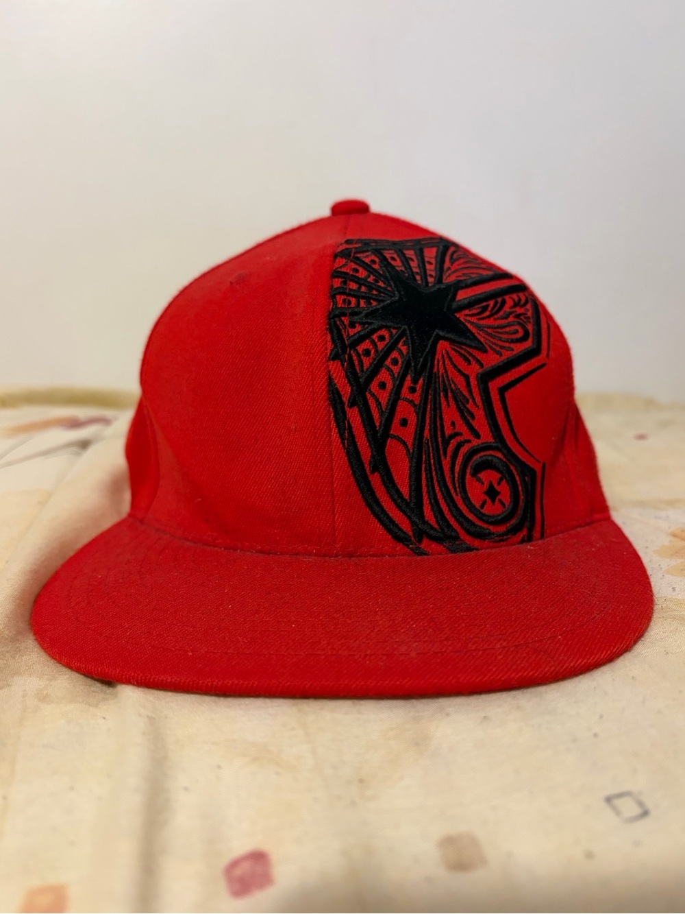 Red and black Famous stars and straps fitted hat travis barker